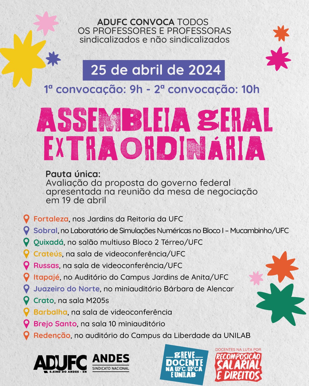 GREVE DA EDUCAÇÃO – ADUFC convida docentes para Assembleia Geral amanhã (25) sobre avaliação da proposta de reajuste do governo