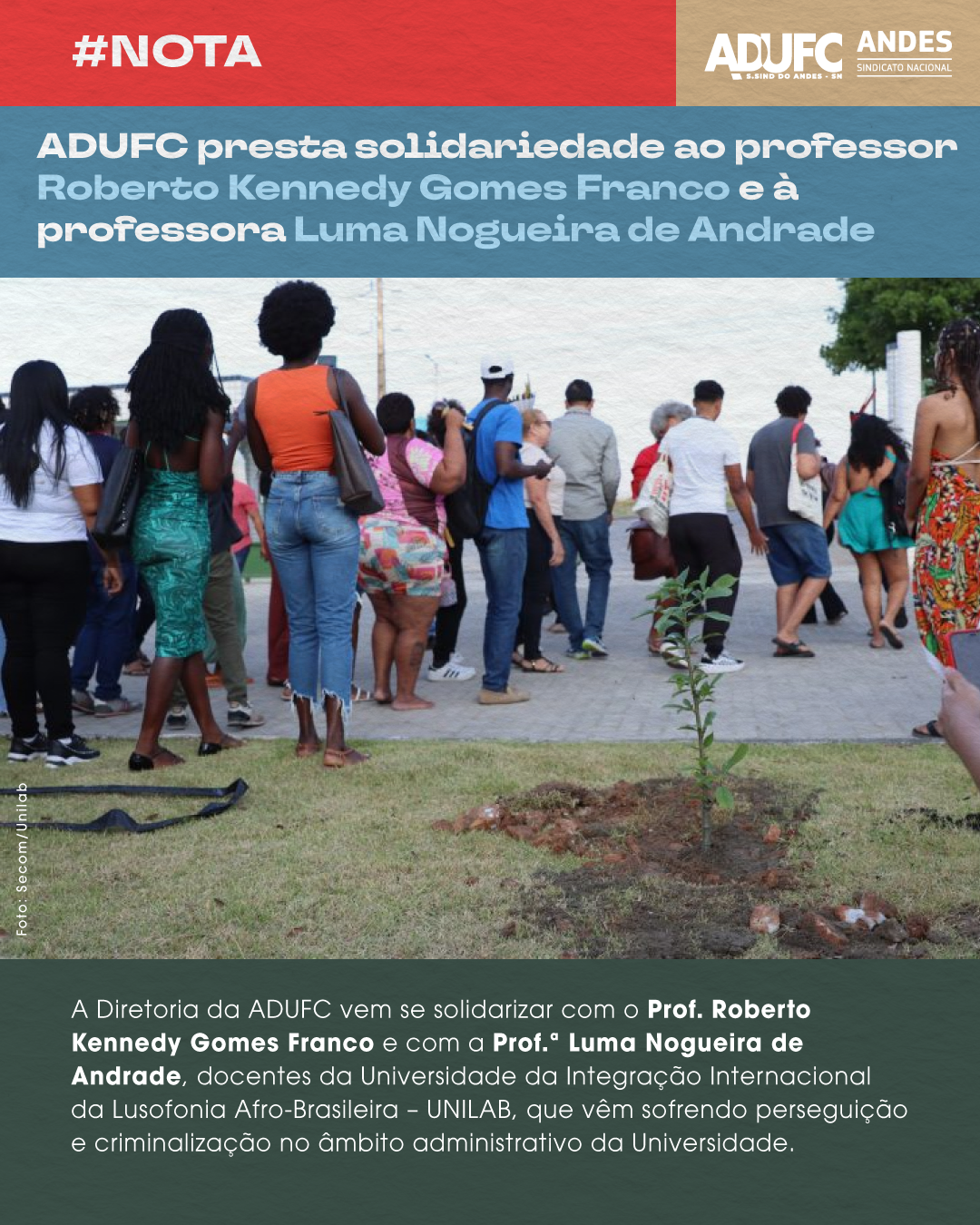 NOTA – ADUFC presta solidariedade ao professor Roberto Kennedy Gomes Franco e à professora Luma Nogueira de Andrade (UNILAB)