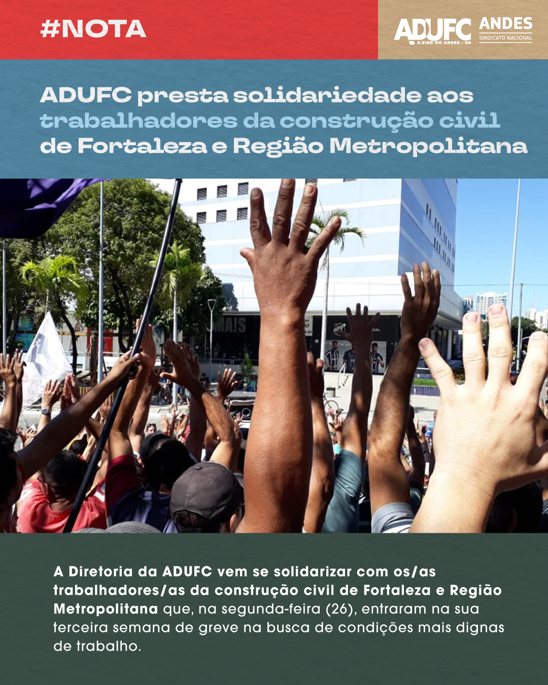 NOTA – ADUFC presta solidariedade aos trabalhadores da construção civil de Fortaleza