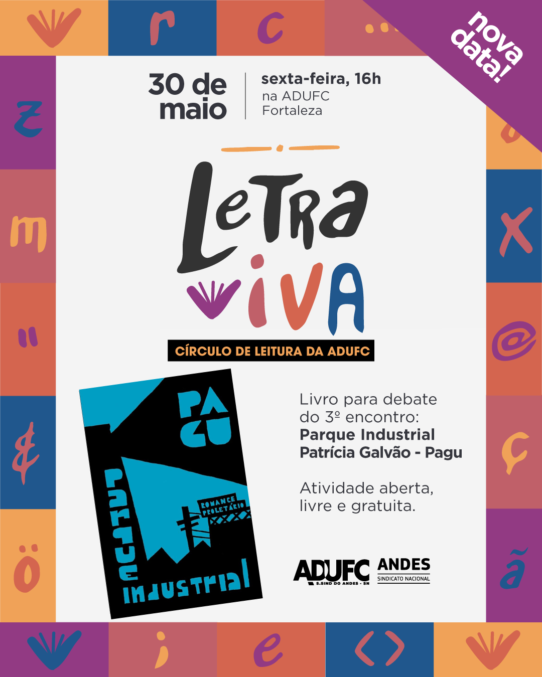 LETRA VIVA – Círculo de Leitura da ADUFC acontece dia 30/05 tendo como tema o livro Parque Industrial