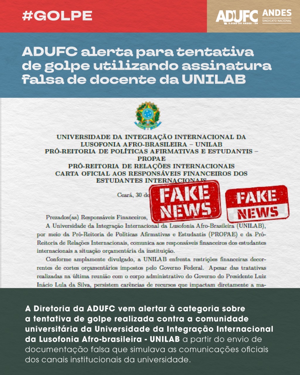 GOLPE – ADUFC alerta para tentativa de golpe utilizando assinatura falsa de docente da UNILAB